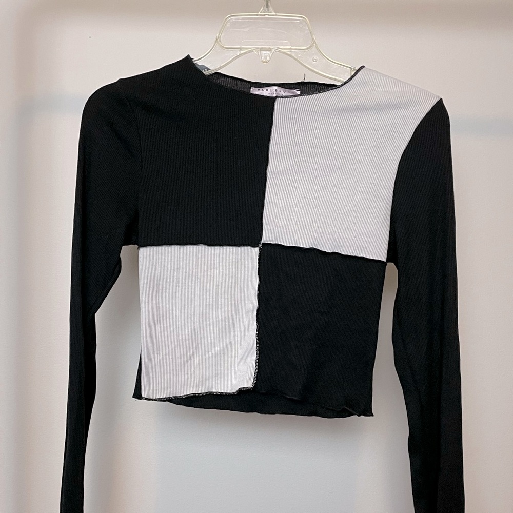 Blue Blush Cropped Patchwork Ribbed Top, Size Small